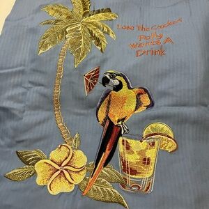 Caribbean Mens Medium Parrot Polly‎ Wants a Drink Embroidered Hawaiian shirt